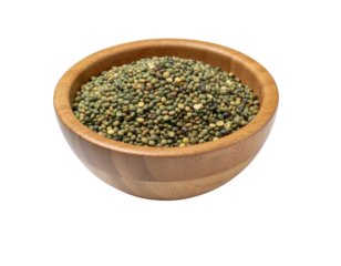 A wooden bowl overflowing with small, dry green mung beans.
