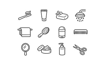 Morning Hygiene Icons. Morning Hygiene. Line outline icon set of morning hygiene: toothbrush, toothpaste, soap