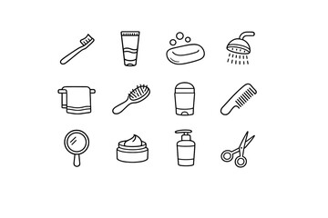 Morning Hygiene Icons. Morning Hygiene. Line outline icon set of morning hygiene: toothbrush, toothpaste, soap