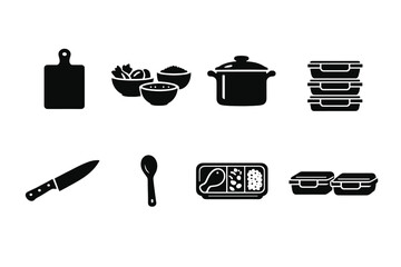 Meal Prep Icons. Meal Prep. Filled icon set of Meal Prep: chopping board, ingredient bowls, cooking pot, meal