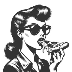 stylish retro woman wearing sunglasses while eating a slice of pepperoni pizza sketch engraving generative ai fictional character vector illustration. Scratch board imitation. Black and white image.