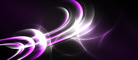 Abstract swirls, purple hues, bright white lines create dynamic energy. Dark background emphasizes luminous curves, flowing shapes.