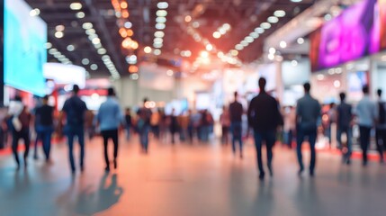 Fototapeta premium Engaging public trade show event exhibition hall business gathering blurred background dynamic environment networking concept