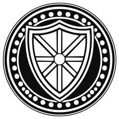 Classic ornate circular emblem with a centered shield featuring an eight spoked wheel design