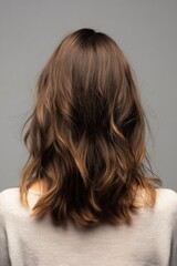 Naklejka premium Back view of waved brown hair with natural highlights against a smooth grey backdrop