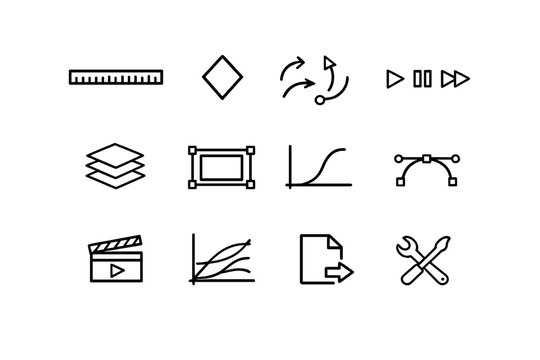 Animation Icon Set. Animation Tools. Line outline icon set of animation tools: timeline ruler, keyframe