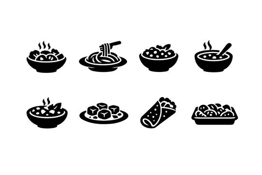 Vegetarian Meal Icons. Vegetarian Meals. Filled icon set of Vegetarian Meals: vegetable stir fry, pasta dish,