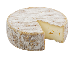 A round wheel of rustic, aged cheese with a textured rind. A wedge is cut out, revealing its creamy, pale yellow interior.