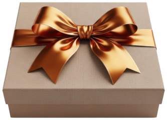 Textured tan gift box with large bronze metallic satin bow on transparent background