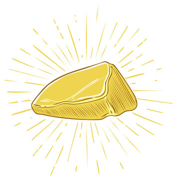 Shiny gold bar drawing with radiant light emanating around, a symbol of wealth, investment, and treasure.
