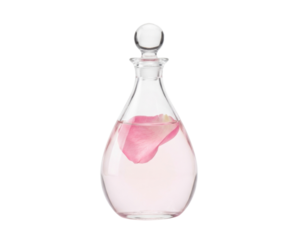 A clear glass decanter with a spherical stopper, filled with pink rosewater and a single floating petal.