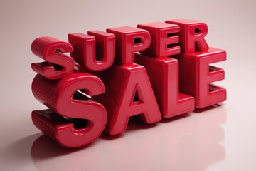 Bold 3D red typography spelling SUPER SALE with glossy finish and dramatic lighting