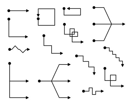 Set of vector flowchart arrow connectors in solid glyph style isolated on white. Geometric algorithm diagram lines for business workflow design.