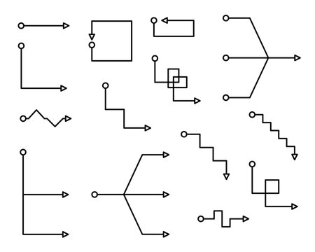 Set of vector schematic node arrows in linear outline style isolated on white. Minimalist geometric connector lines for technical mind map infographics.