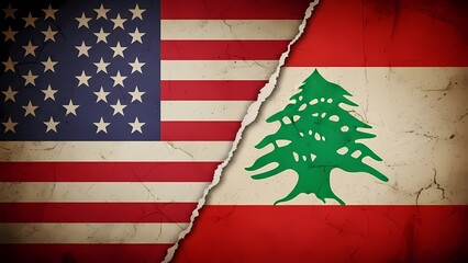 United States and Lebanon flags crossed with torn effect over cracked surface representing international relations and cultural diversity