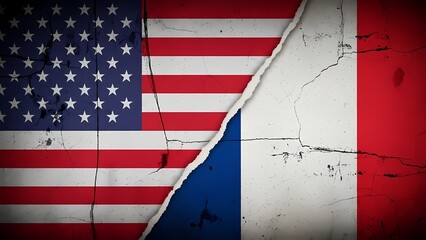 United States and French Flags Split by Cracks and Paint Damage Representing International Relations and Cultural Differences