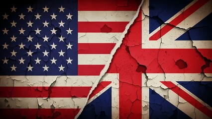 United States and United Kingdom flags displayed together with a cracked effect symbolizing international relations and cultural exchange