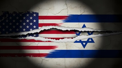 United States and Israel flags painted on wooden planks with distressed texture for political and international relations themes