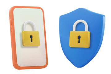 3D smartphone and shield icons with padlocks for mobile security