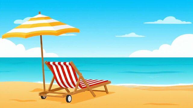 Summer beach scene with a chair and umbrella by the ocean.