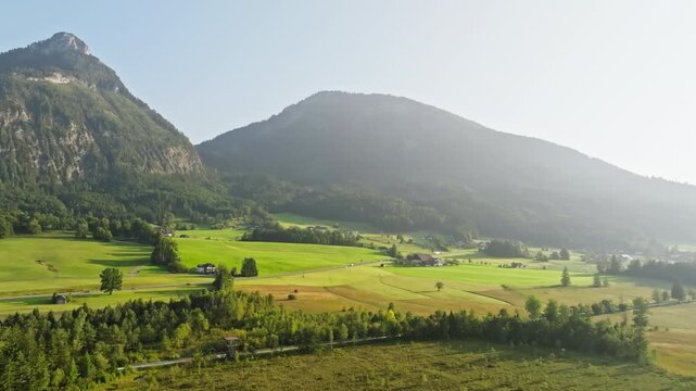 Aerial view of lake Wolfgangsee Austria. Alpine peaks, travel and tourism in Europe.