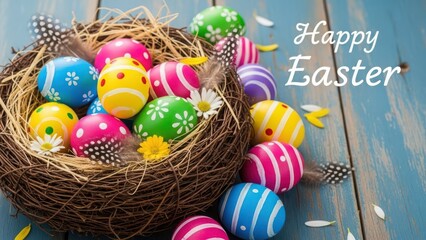 Colorful easter eggs in a nest with happy easter greeting