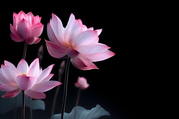 Stunning pink lotus flowers, each delicate blossom and bloom radiating elegant floral beauty against a dark background. This nature-inspired image captures serene essence of these aquatic plants.