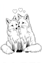 A charming drawing depicting two cute foxes as a couple, surrounded by hearts symbolizing their love. This outline drawing of animals in black and white creates a simple, affectionate scene.