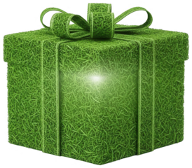 Illuminated grass cube gift box with glowing center and ribbon