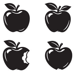 Simple graphic apple icons set featuring whole and bitten apples for food and technology concepts
