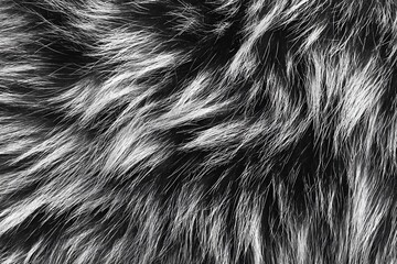 Stunning natural animal fur texture, a captivating black, white, and gray pattern. This fluffy, soft fur creates a rich, intricate background, highlighting the raw beauty of wild fibers.