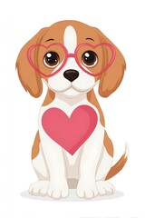 This adorable cartoon puppy, a charming beagle dog, sits with heart-shaped glasses and a pink heart on its chest, radiating love and valentine cheer. A truly cute animal.