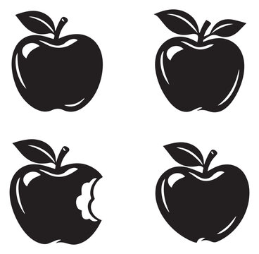Simple graphic apple icons set featuring whole and bitten apples for food and technology concepts