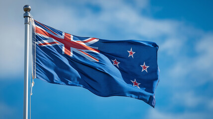 New Zealand – National Flag Waving in the Wind Against Clear Blue Sky, Symbol of Sovereignty, Freedom and National Identity