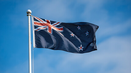 New Zealand – National Flag Waving in the Wind Against Clear Blue Sky, Symbol of Sovereignty, Freedom and National Identity