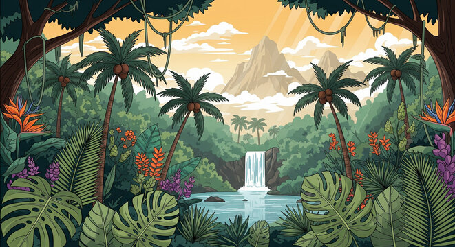 Lush tropical jungle landscape with cascading waterfall - Powered by Adobe