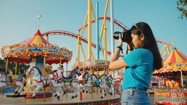 Woman photographer in a theme park.