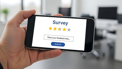 Hand holding smartphone displaying customer satisfaction survey form