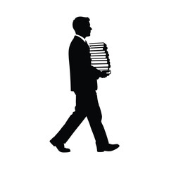 Businessman carrying stack of books silhouette walking