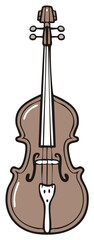 Stylized illustration of a brown cello with four tuning pegs and strings, presented vertically.