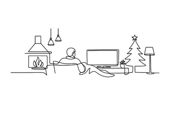 Naklejka premium Nordic Winter TV Night. Nordic winter TV evening. Minimalistic one-line drawing Nordic-style interior with