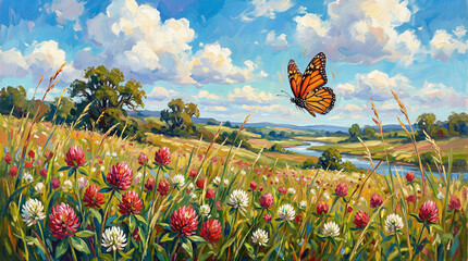 Monarch butterfly fluttering over colorful wildflower meadow scenic landscape springtime serenity bright blue sky