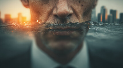 Male face half hidden by water, cold lighting, concept of inner pressure, stress, isolation, control, business.
