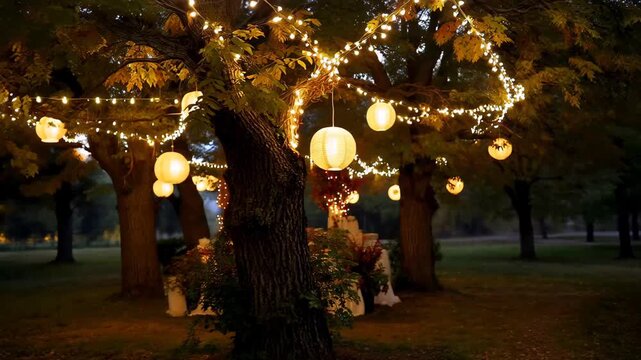 Outdoor gathering on a fall evening under warm lights and lanterns in a park setting with trees
