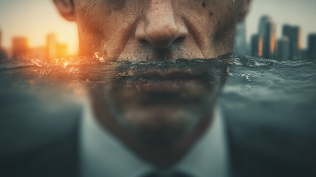 Male face half hidden by water, cold lighting, concept of inner pressure, stress, isolation, control, business.
