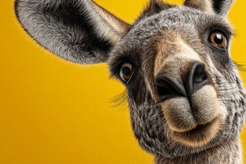 Grey kangaroo looking directly at viewer with big eyes from corner of frame