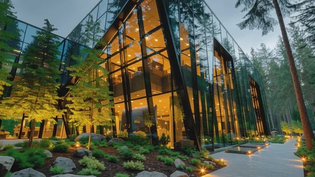 Modern Marvel Amidst the Trees: A contemporary architectural masterpiece emerges from the forest, its sleek glass facade reflecting the surrounding woodland.