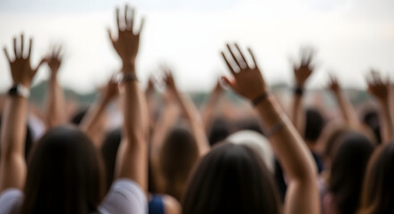 Fototapeta premium A blurry image showcases a crowd with many raised hands in the air, possibly at a concert or a gathering