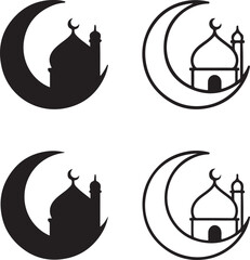 Isolated crescent moon mosque icon, crescent moon with mosque symbol vector, Islamic architecture minimal illustration, Muslim holiday branding, religious celebration design, crescent mosque vector