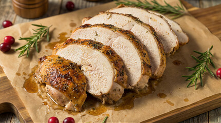 Slicing juicy roasted turkey breast kitchen food photography cozy home close-up culinary delight